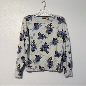 NWT North Crest Blue Rose Patterned Button Down Sweater Cardigan